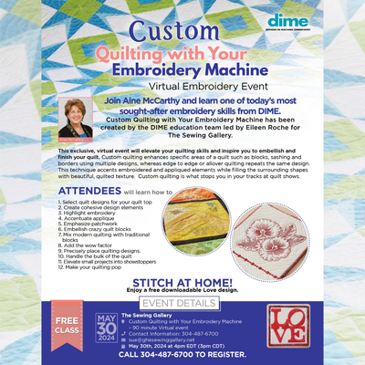 FREE! Custom Quilting with Your Embroidery Machine Virtual Embroidery Event Online: May 30, 2024