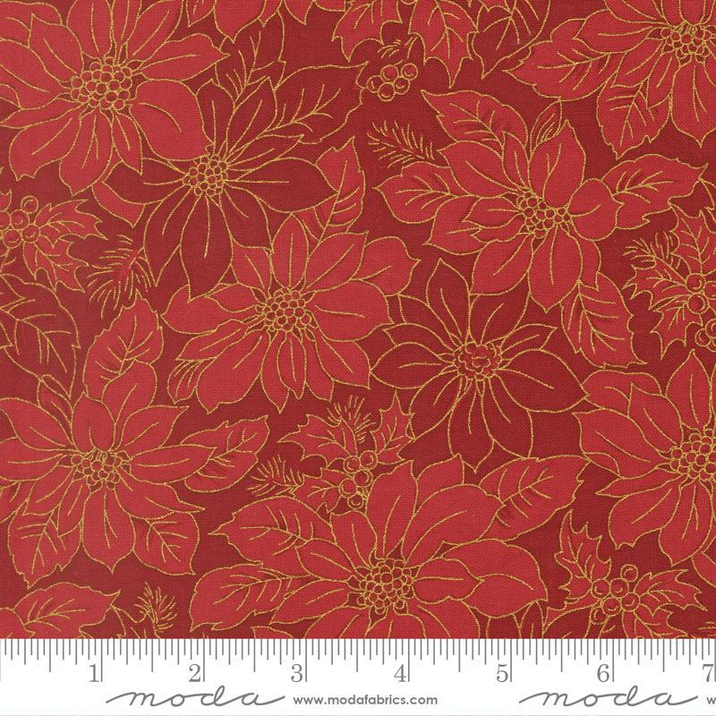 Merry Manor Metallic - Poinsettia Blooms in Crimson